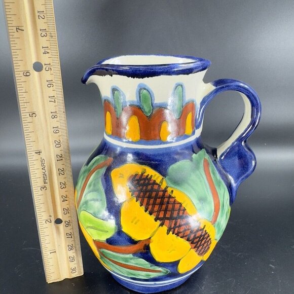 Mexico Art Pottery Talavera Pitcher Carafe Multicolor Frutal Decor Hand Made VTG - Picture 8 of 16